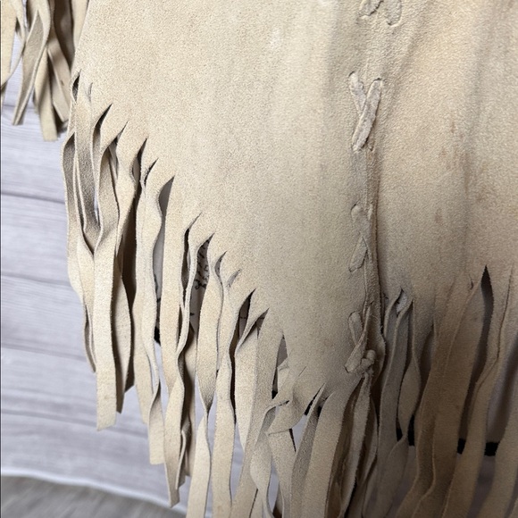 Vintage Fringed Tan Leather Poncho - Picture 3 of 9